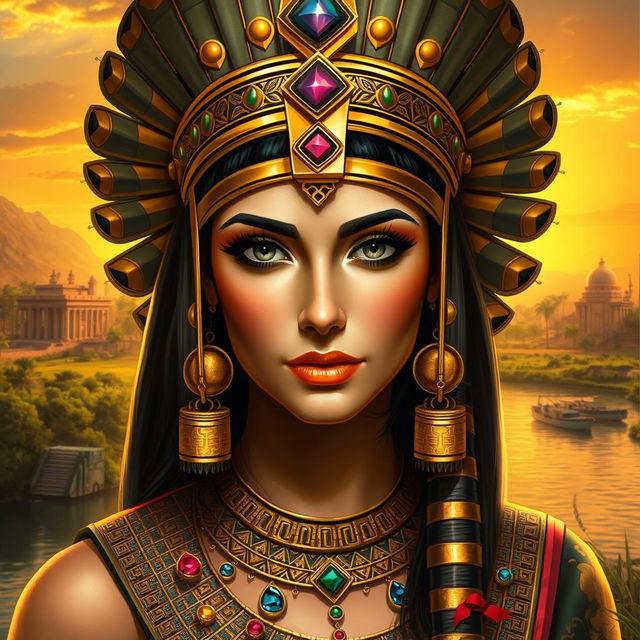 A stunning portrait of Cleopatra, the Queen of the Nile, dressed in luxurious ancient Egyptian attire