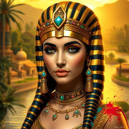 A stunning portrait of Cleopatra, the Queen of the Nile, dressed in luxurious ancient Egyptian attire
