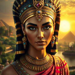 A stunning portrait of Cleopatra, the Queen of the Nile, dressed in luxurious ancient Egyptian attire
