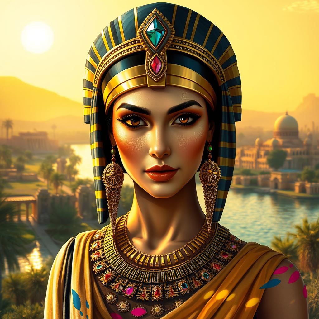 A stunning portrait of Cleopatra, the Queen of the Nile, dressed in luxurious ancient Egyptian attire