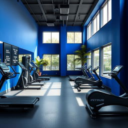 An interior design of a contemporary gym studio showcasing a striking palette of royal blue, gray, and black