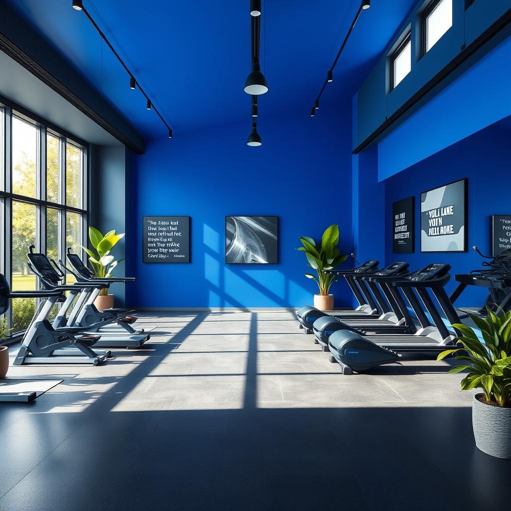 An interior design of a contemporary gym studio showcasing a striking palette of royal blue, gray, and black