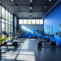 An interior design of a contemporary gym studio showcasing a striking palette of royal blue, gray, and black