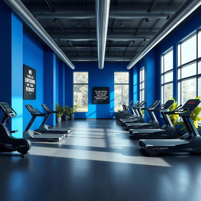 An interior design of a contemporary gym studio showcasing a striking palette of royal blue, gray, and black