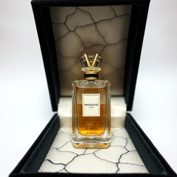 A stunning perfume bottle placed inside a black velvet box inspired by the intricate cracks of stone