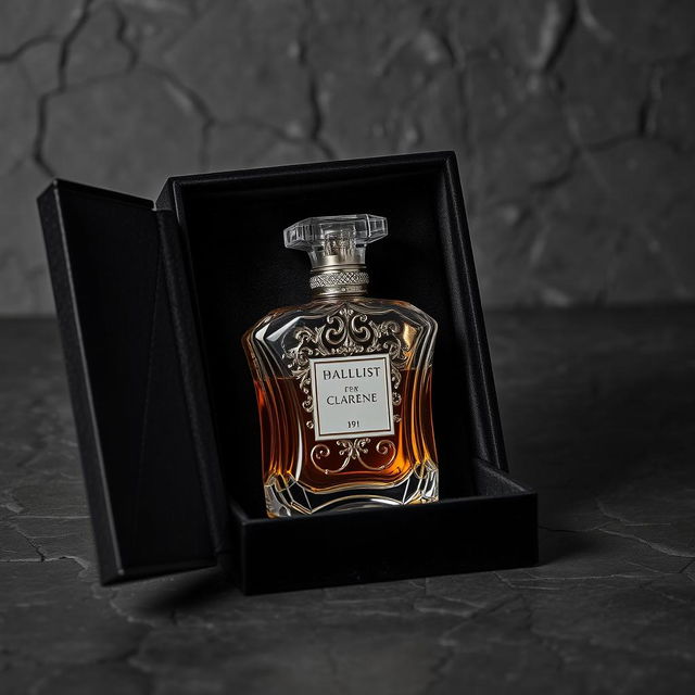 A stunning perfume bottle placed inside a black velvet box inspired by the intricate cracks of stone