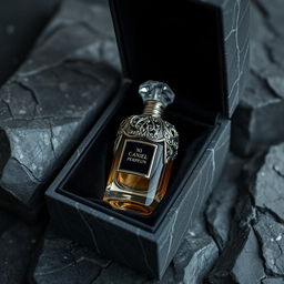 A stunning perfume bottle placed inside a black velvet box inspired by the intricate cracks of stone