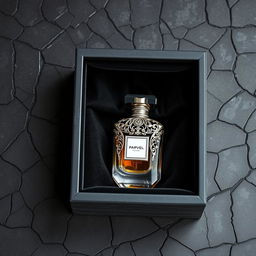 A stunning perfume bottle placed inside a black velvet box inspired by the intricate cracks of stone