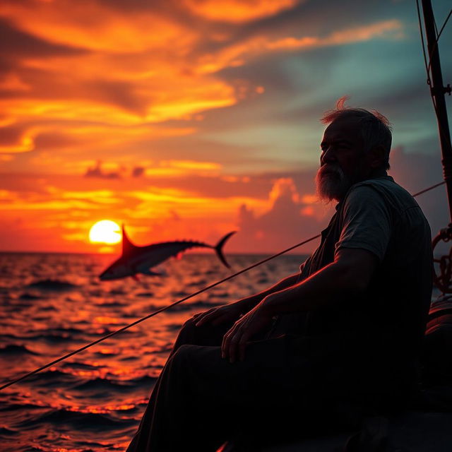 Sunset on the second day, the sky ablaze with burning oranges and reds, casting a dramatic glow on Santiago, a worn yet resolute fisherman, sitting with a taut fishing line in hand