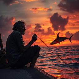 Sunset on the second day, the sky ablaze with burning oranges and reds, casting a dramatic glow on Santiago, a worn yet resolute fisherman, sitting with a taut fishing line in hand