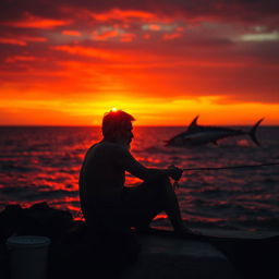 Sunset on the second day, the sky ablaze with burning oranges and reds, casting a dramatic glow on Santiago, a worn yet resolute fisherman, sitting with a taut fishing line in hand