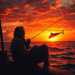 Sunset on the second day, the sky ablaze with burning oranges and reds, casting a dramatic glow on Santiago, a worn yet resolute fisherman, sitting with a taut fishing line in hand