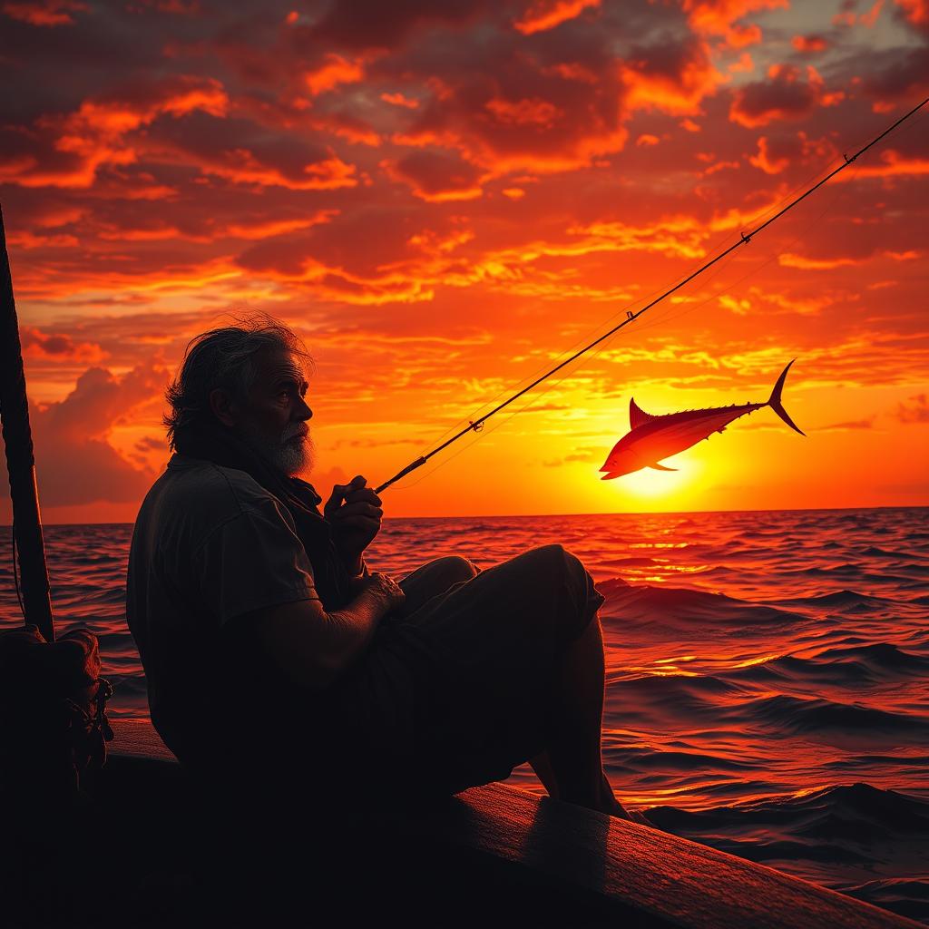 Sunset on the second day, the sky ablaze with burning oranges and reds, casting a dramatic glow on Santiago, a worn yet resolute fisherman, sitting with a taut fishing line in hand