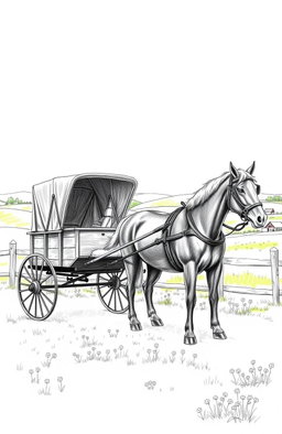 A detailed sketch of an Amish horse and buggy, showcasing the traditional design with a black wooden carriage and a horse in harness