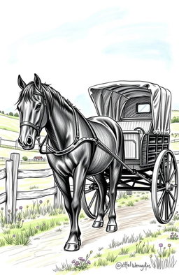 A detailed sketch of an Amish horse and buggy, showcasing the traditional design with a black wooden carriage and a horse in harness