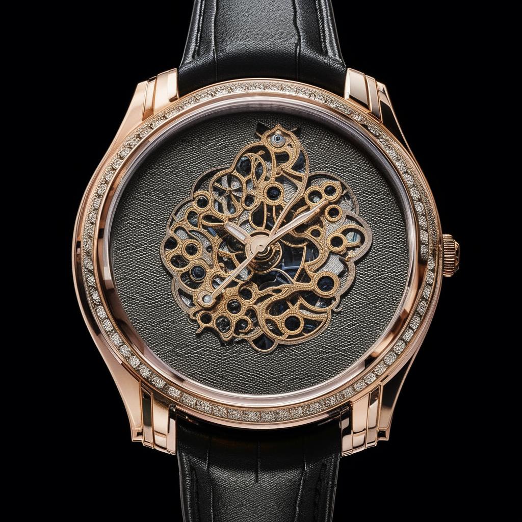 A luxury wrist watch displaying intricate designs and details