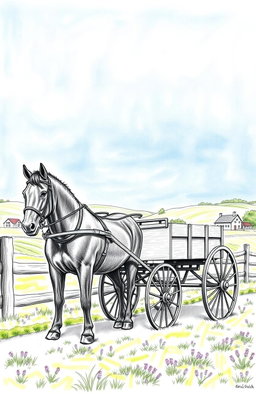 A detailed sketch of an Amish horse and buggy, showcasing the traditional design with a black wooden carriage and a horse in harness