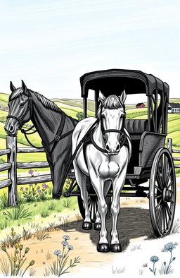 A detailed sketch of an Amish horse and buggy, showcasing the traditional design with a black wooden carriage and a horse in harness