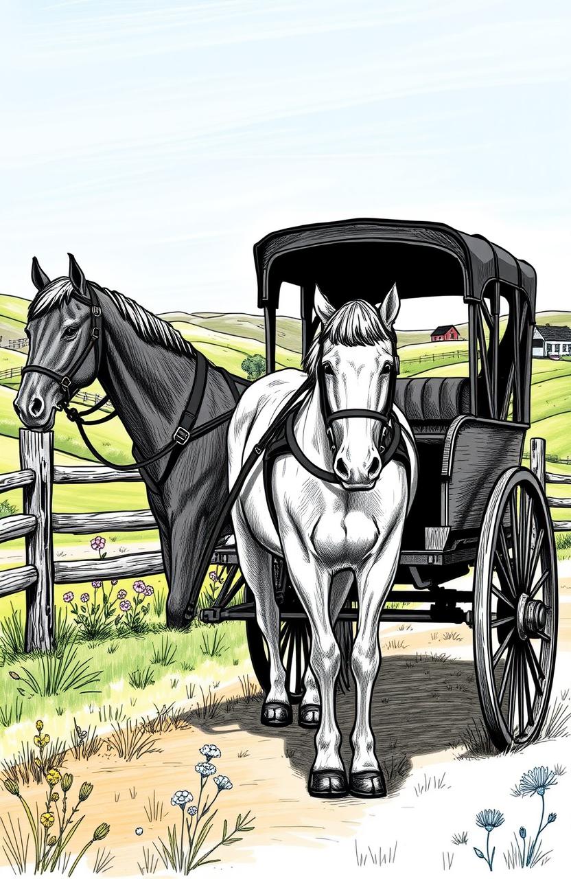 A detailed sketch of an Amish horse and buggy, showcasing the traditional design with a black wooden carriage and a horse in harness