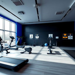A stylish interior of a gym studio designed with a cohesive color palette of royal blue, gray, and black