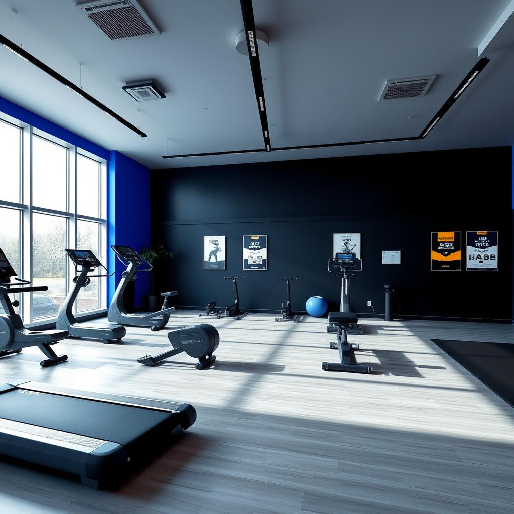 A stylish interior of a gym studio designed with a cohesive color palette of royal blue, gray, and black
