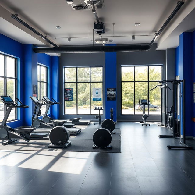 A stylish interior of a gym studio designed with a cohesive color palette of royal blue, gray, and black