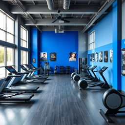 A stylish interior of a gym studio designed with a cohesive color palette of royal blue, gray, and black