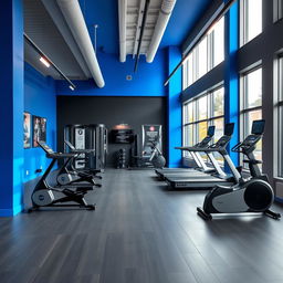 A stylish interior of a gym studio designed with a cohesive color palette of royal blue, gray, and black