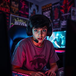 A 20-year-old boy gamer, with short dark hair and wearing a gaming headset, sitting in a dimly lit room