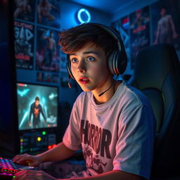 A 20-year-old boy gamer, with short dark hair and wearing a gaming headset, sitting in a dimly lit room