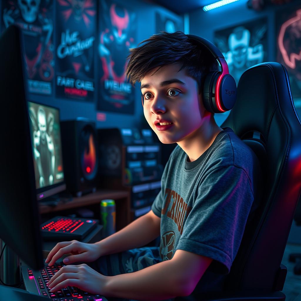 A 20-year-old boy gamer, with short dark hair and wearing a gaming headset, sitting in a dimly lit room