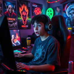 A 20-year-old boy gamer, with short dark hair and wearing a gaming headset, sitting in a dimly lit room