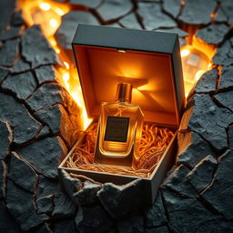 A luxurious perfume bottle nestled inside a box inspired by the tactile beauty of stone cracks, which are clearly defined and can almost be felt