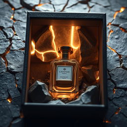 A luxurious perfume bottle nestled inside a box inspired by the tactile beauty of stone cracks, which are clearly defined and can almost be felt