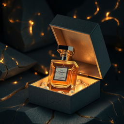 A luxurious perfume bottle nestled inside a box inspired by the tactile beauty of stone cracks, which are clearly defined and can almost be felt