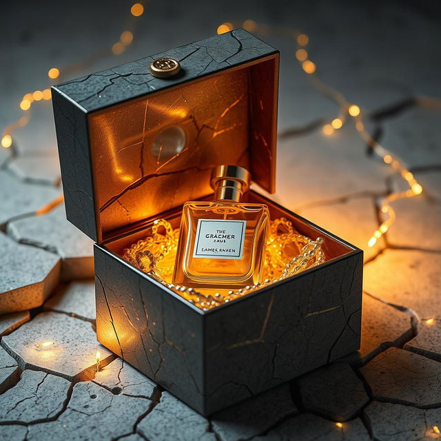 A luxurious perfume bottle nestled inside a box inspired by the tactile beauty of stone cracks, which are clearly defined and can almost be felt