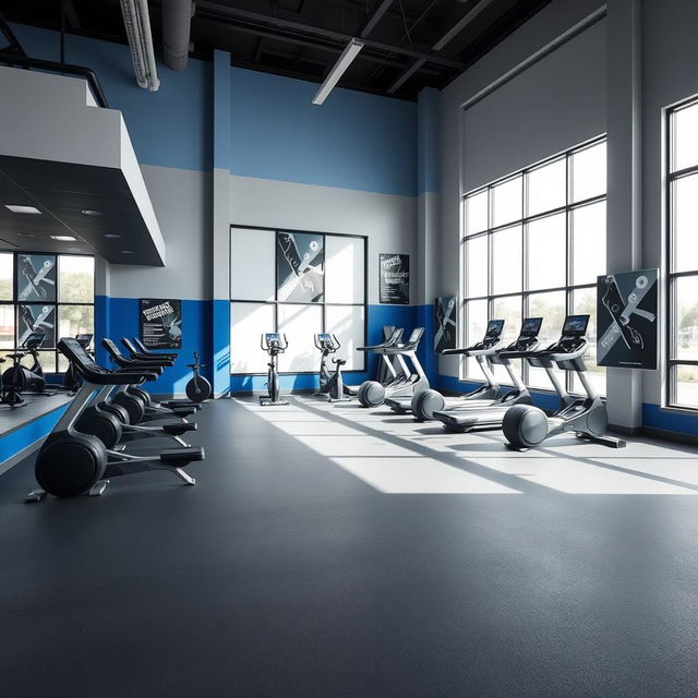 A modern gym studio interior designed with a bold color palette of royal blue, gray, and black