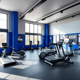 A modern gym studio interior designed with a bold color palette of royal blue, gray, and black