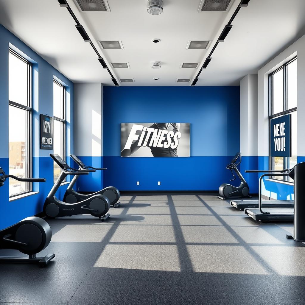 A modern gym studio interior designed with a bold color palette of royal blue, gray, and black