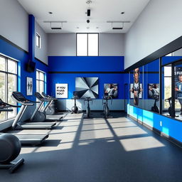 A modern gym studio interior designed with a bold color palette of royal blue, gray, and black