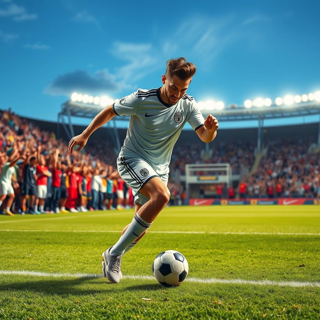 A dynamic scene depicting a soccer player resembling a skilled athlete wearing a stylish sports jersey and shorts, energetically playing soccer on a vibrant field