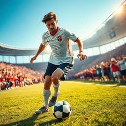 A dynamic scene depicting a soccer player resembling a skilled athlete wearing a stylish sports jersey and shorts, energetically playing soccer on a vibrant field