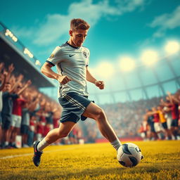 A dynamic scene depicting a soccer player resembling a skilled athlete wearing a stylish sports jersey and shorts, energetically playing soccer on a vibrant field