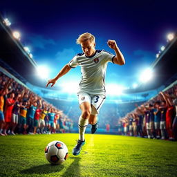A dynamic scene depicting a soccer player resembling a skilled athlete wearing a stylish sports jersey and shorts, energetically playing soccer on a vibrant field