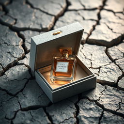 A luxurious perfume bottle resting inside a beautifully crafted box inspired by the tactile beauty of stone cracks