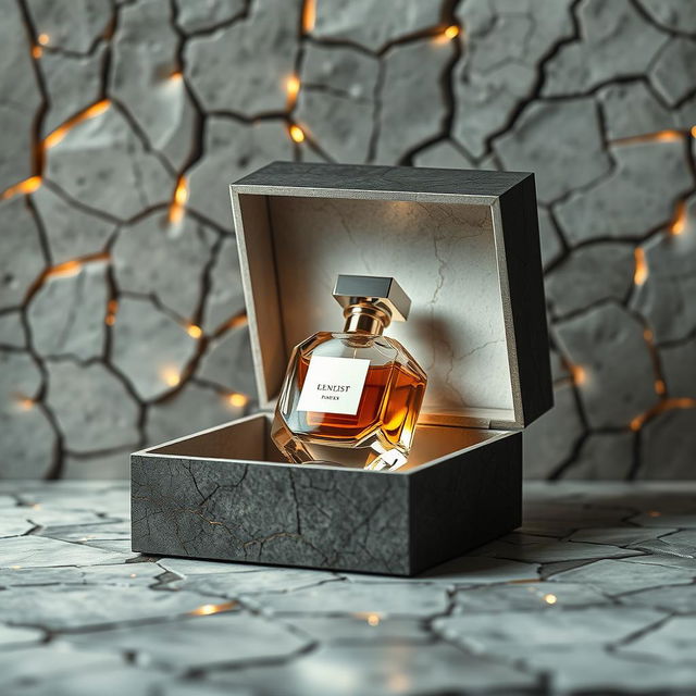 A luxurious perfume bottle resting inside a beautifully crafted box inspired by the tactile beauty of stone cracks