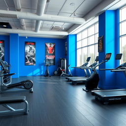 A modern gym studio interior featuring a dynamic color palette of royal blue, gray, and black