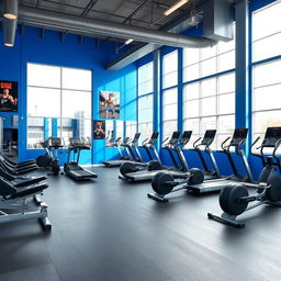 A modern gym studio interior featuring a dynamic color palette of royal blue, gray, and black