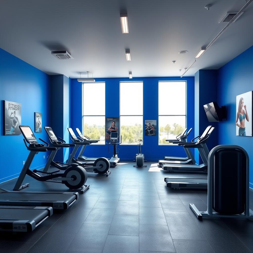 A modern gym studio interior featuring a dynamic color palette of royal blue, gray, and black