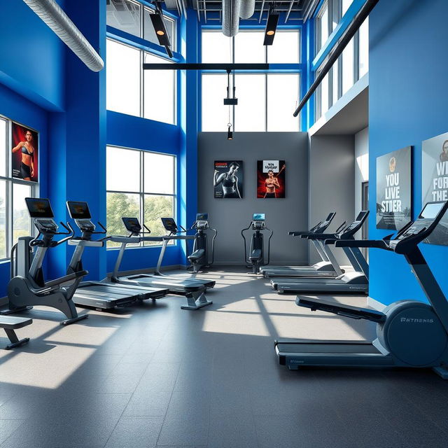 A modern gym studio interior featuring a dynamic color palette of royal blue, gray, and black
